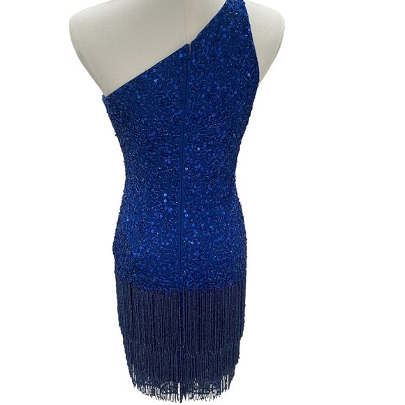 Mac Duggal Blue Fringe Sequin Dress Size 0 One Shoulder Party NYE Cocktail Glam - Picture 12 of 14